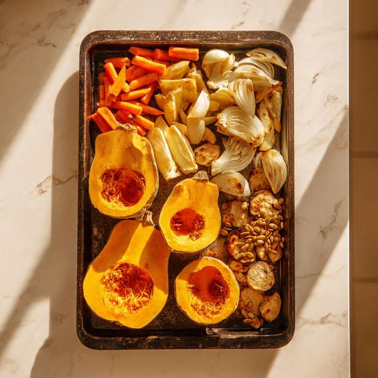 A baking tray filled with an arrangement of roasted vegetables and seeds, viewed from above. The tray holds four hollowed out orange pumpkins positioned near the bottom, showing their empty interiors with a slightly rough texture. Above them, multiple halved orange butternut squashes lie with their insides visible, showing a juicy, textured surface. To the upper left of the tray are thick chopped carrots, bright orange and slightly charred. Next to the carrots, pale yellow-fleshed onions are cut into wedges, with some parts browned from roasting. On the upper right are brown roasted apple slices, their skin curled and flesh soft. A pile of roasted pumpkin seeds sits beside the apples on the right with a slightly shiny surface. The tray itself is dark metal, and the scene is set on a white marbled surface with bright, warm lighting casting soft shadows. Photo taken with an iphone --ar 4:5 --v 7