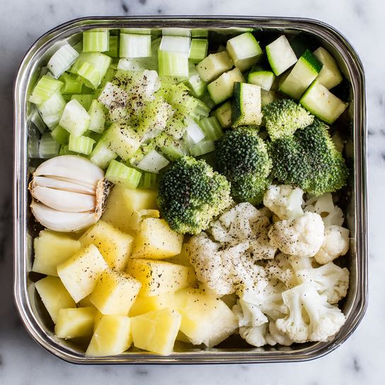 A metal tray is filled with five neat layers of raw vegetables. In the top left corner are pale green chopped celery with black pepper sprinkled on top. Next to it, on the top right, are small cubes of green zucchini with their skins on, also lightly sprinkled with black pepper. Below the celery, there is a cluster of dark green broccoli florets with a rough texture. To the right of the broccoli are pieces of white cauliflower florets, speckled with black pepper. The bottom layer covers half the tray and is made of yellow cubed potatoes, also topped with black pepper. In the bottom left corner, a halved garlic bulb with visible cloves sits on the tray. The tray is placed on a white marbled surface. Photo taken with an iphone --ar 4:5 --v 7