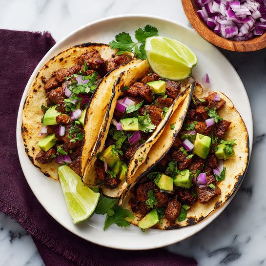 The image shows a white oval plate holding six soft tortillas with light char marks, each filled with three main layers: the bottom layer has small pieces of cooked brown meat, the middle layer has chunks of bright green avocado, and the top layer has small cubes of purple-red onion and green cilantro leaves scattered across. Lime wedges are placed around the plate and inside some tortillas. The plate sits on a white marbled surface with a bunch of green cilantro and bowls of diced onions and lime wedges nearby, along with a deep purple cloth draped to one side. Photo taken with an iphone --ar 4:5 --v 7