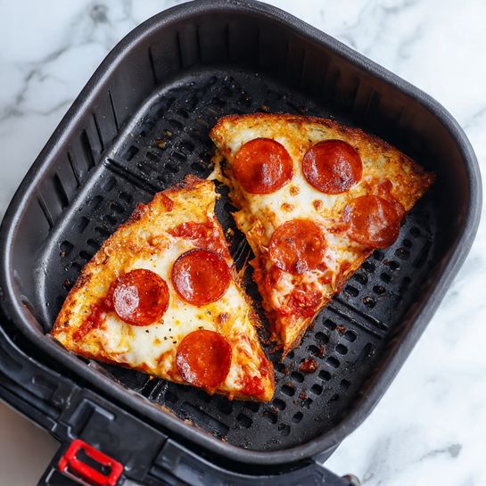 Two triangular slices of pepperoni pizza rest inside a black air fryer basket, placed on a white marbled surface. Each slice has three visible layers: a golden brown and slightly crispy crust on the bottom with a rough texture, a middle layer of bright red tomato sauce peeking through, and a top layer of melted cheese mixed with orange and white hues. Round slices of pepperoni with a smooth, glossy surface sit atop the cheese, adding spots of deep red color. The black air fryer basket has a grid pattern with rounded edges and a red clip at the top center. Photo taken with an iphone --ar 4:5 --v 7