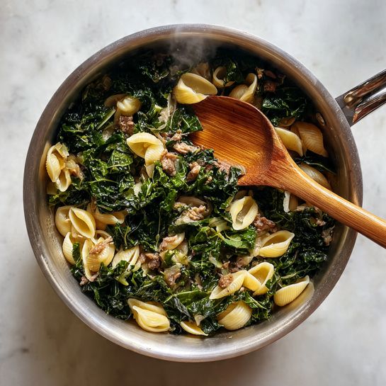 A shiny silver pot is filled with cooked dark green kale leaves that look soft and slightly wet. Among the kale are light beige small pasta shells and small pieces of light brown meat. A wooden spoon is standing straight inside the pot. Steam rises gently above the pot, and it sits on a white marbled surface. Photo taken with an iphone --ar 4:5 --v 7