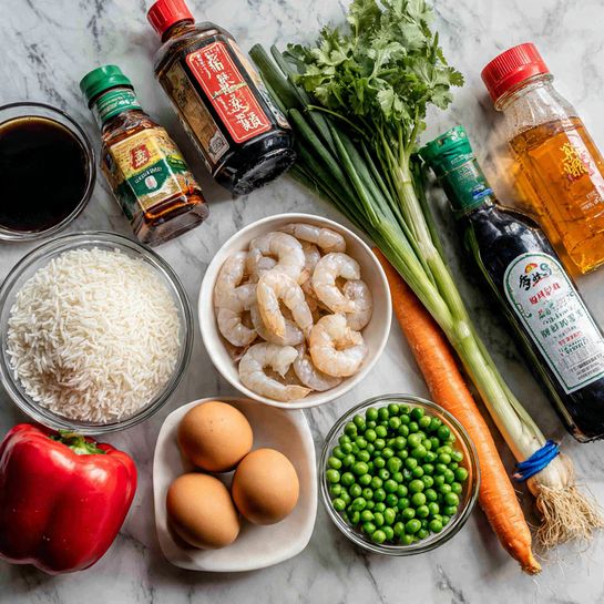 The image shows several ingredients arranged on a white marbled surface. In the front row, there is a clear glass bowl filled with white rice on the left, three brown eggs in the center, and a small clear bowl of green peas on the right. Next to the peas, there is a large orange carrot, a small piece of ginger, and two garlic cloves. Behind these are some green onions tied with blue string and fresh green cilantro leaves. In the middle, there is a white bowl filled with raw shrimp that have a pale, translucent color. In the back row, from left to right, there is a whole red bell pepper, a bottle of soy sauce, a bottle of oyster sauce with a green label, a large red bottle of Chinese cooking wine, a bottle of clear oil, a small bottle of dark sesame oil, and a small bottle of hot chili sauce with a green cap. The background is the same white marbled texture. photo taken with an iphone --ar 4:5 --v 7