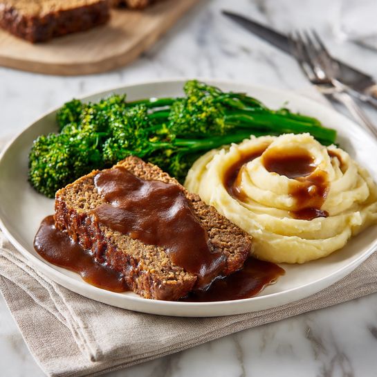 The image shows a white plate with three main parts: a rectangular piece of brown meatloaf with a rough texture, covered partly by a smooth, dark brown sauce; a serving of bright green broccolini placed next to the meatloaf, its small florets and stalks clearly visible; and creamy mashed potatoes with a light beige color and soft swirls, topped with the same dark brown sauce. The plate sits on a white marbled surface with a fork and beige napkin nearby, and the background includes a blurred knife and a cutting board. Photo taken with an iphone --ar 4:5 --v 7