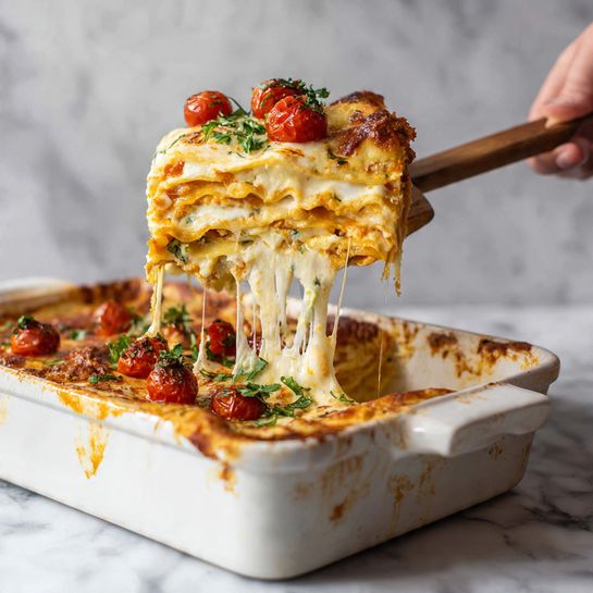 A slice of lasagna is being lifted from a white rectangular baking dish. The lasagna has multiple thick layers: an orange tomato sauce layer with bits of green herbs at the bottom, a creamy white cheese layer in the middle, and a layer of melted cheese with roasted red cherry tomatoes and green herbs on top. The lifted slice shows stretchy, melted cheese strings pulling away from the dish. The baking dish edges are stained with sauce, and the background is a white marbled surface. A woman's hand holds a wooden-handled spatula lifting the lasagna slice. Photo taken with an iphone --ar 4:5 --v 7