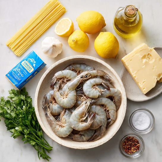 The image shows a round white speckled bowl in the center filled with raw shrimp arranged in a circular pattern, their shells grayish with some white spots. Surrounding the bowl are ingredients placed on a white marbled surface: a blue box of linguine pasta on the left, a beige stick of butter above the bowl, two bright yellow lemons next to some green parsley, a white bottle of heavy whipping cream with blue labeling below the butter, three garlic cloves near the lemons, a light yellow block of cheese cut in a wedge shape to the right, and two small glass spice containers with salt and red pepper flakes on the bottom right. A bottle of golden olive oil sits in the top right corner. Photo taken with an iphone --ar 4:5 --v 7