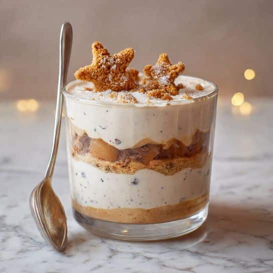 The image shows a clear glass cup filled with three main layers. The bottom layer is a soft, light brown filling that looks like cooked fruit or pie filling. On top of this is a thick white cream layer with a smooth texture and small black specks. The top layer has two small star-shaped pieces of golden-brown crust sprinkled with sugar, adding a rough, crunchy texture. A silver spoon is placed inside the cup on the left side. The scene is set on a white marbled surface with a soft, blurry background with faint warm light spots. Photo taken with an iphone --ar 4:5 --v 7