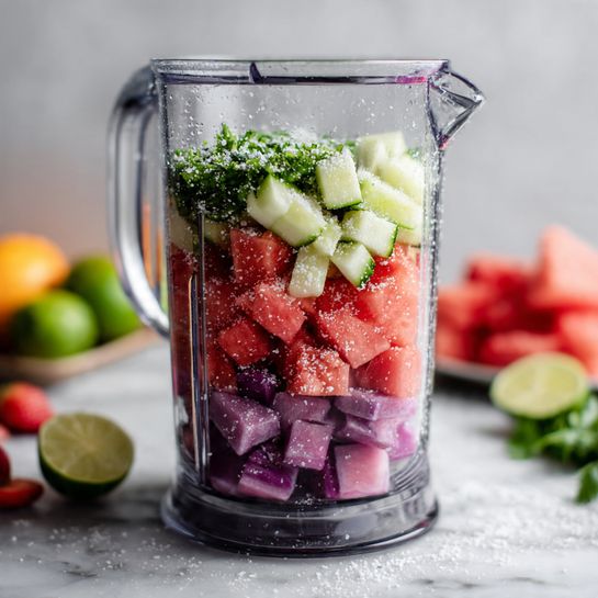 A clear blender jar on a white marbled surface holds several colorful layers of chopped fruits and vegetables. The bottom layer includes dark purple chunks mixed with pink pieces of watermelon. Above this, light green cucumber cubes and bright red strawberry pieces are scattered. On the top layer, there are finely chopped green pieces, possibly jalapeño or green pepper, sprinkled with granules of white sugar that add a rough texture. Around the blender, there are blurred fruits and leaves, enhancing the fresh feeling. photo taken with an iphone --ar 4:5 --v 7