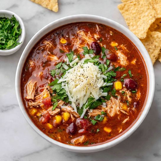 A white bowl filled with thick red-brown chili soup showing layers of shredded chicken, red beans, yellow corn, and chunky tomato pieces mixed in the rich broth. On top sits a layer of green chopped scallions and fresh green cilantro leaves, finished with a small pile of white shredded cheese in the center, sprinkled with black pepper. The bowl is placed on a white marbled surface with some tortilla chips and a small white bowl of chopped cilantro nearby. photo taken with an iphone --ar 4:5 --v 7