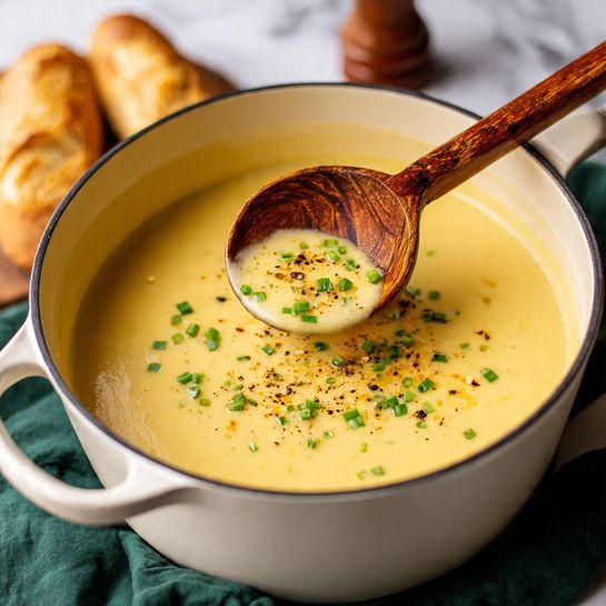 Creamy Potato Leek Soup with Chives and Toasted Baguette Recipe