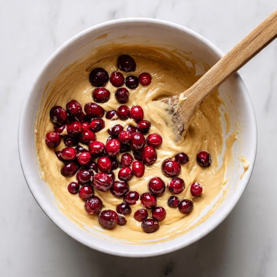 A white mixing bowl filled with a thick, creamy beige batter as the bottom layer, topped unevenly by many small, round dark red cranberries spread mostly on one side. A wooden spoon with batter residue leans inside the bowl, resting along the edge. The bowl is placed on a white marbled surface. photo taken with an iphone --ar 4:5 --v 7