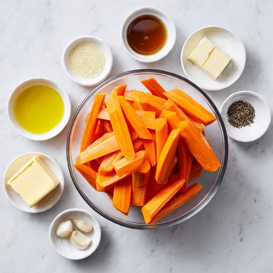 The image shows a clear glass bowl full of bright orange carrot pieces, cut into medium-sized sticks, placed on a white marbled surface. Surrounding the bowl are six small white bowls arranged loosely in a circle. Each small bowl contains a different ingredient: one with light yellow olive oil, another with a small square of pale yellow butter, one with dark brown honey, another with light grayish salt, one with two small garlic cloves, and finally one with coarse black pepper. The colors are simple and natural, with the orange carrots standing out against the soft white background. Photo taken with an iphone --ar 4:5 --v 7