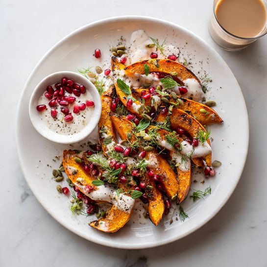 The image shows several thick slices of roasted orange pumpkin with dark green skin arranged in a white plate. The pumpkin wedges are topped with bright red pomegranate seeds and some green seeds, scattered all over and around the pumpkin. Light cream sauce is drizzled over the pumpkin slices, adding a smooth white layer that contrasts with the bright colors below. The plate sits on a soft pink surface with a blurred background of warm light. Photo taken with an iphone --ar 4:5 --v 7