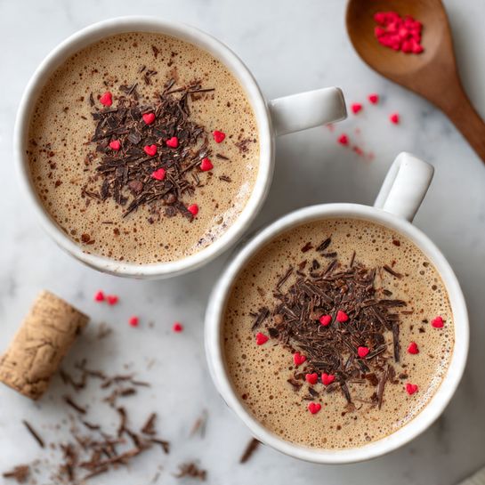 Two white cups filled with light brown frothy coffee are shown from above, each topped with dark chocolate shavings scattered unevenly across the surface. Small red heart-shaped sprinkles are mixed among the chocolate pieces, adding bright pops of color. The cups have simple white handles and sit on a white marbled surface scattered with extra chocolate shavings and tiny red hearts. Parts of a cork and a wooden spoon with chocolate pieces are blurred in the background. Photo taken with an iphone --ar 4:5 --v 7