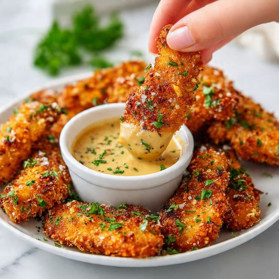 A close-up of several golden-brown crispy chicken strips on a white plate, showing a crunchy texture with small green parsley pieces sprinkled on top. One piece is held by a woman's hand, being dipped into a small white bowl filled with creamy mustard-colored dipping sauce. The background is a white marbled surface with some green parsley bits blurred in the back. photo taken with an iphone --ar 4:5 --v 7