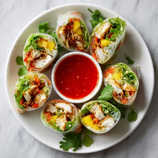The image shows a white plate on a white marbled surface, holding eight fresh spring rolls wrapped in translucent rice paper. Each roll is cut into halves, revealing bright green cucumber sticks, crunchy yellow mango strips, and pieces of lightly brown cooked meat layered inside. The rolls are arranged around a small white ceramic bowl filled with thick, glossy red sauce. Some green herbs are scattered on the plate under the rolls, adding a fresh touch. The photo taken with an iphone --ar 4:5 --v 7