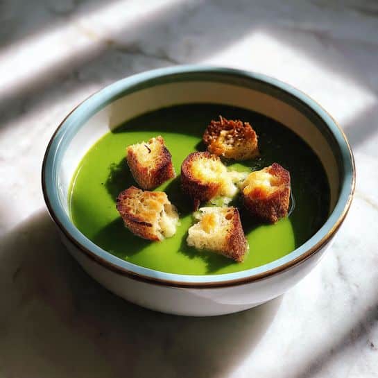 Super Green Sheet Pan Soup with Pesto-Grilled Cheese Croutons Recipe