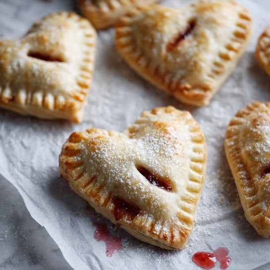 Several heart-shaped pastries are placed on white parchment paper over a white marbled surface. Each pastry has two layers of light golden dough, sealed at the edges with fork marks creating a textured border. Some pastries show a slight reddish filling peeking through the edges, suggesting a fruit jam inside. The dough looks soft and lightly dusted with flour. There are small red stains around the pastries on the paper, indicating some filling has seeped out slightly during preparation. Photo taken with an iphone --ar 4:5 --v 7