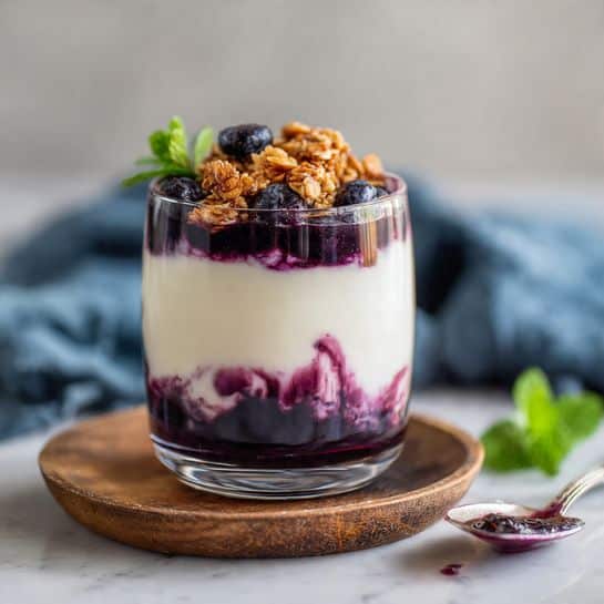 The image shows a clear glass with three main layers placed on a white marbled surface. The bottom layer is dark purple, likely blueberry sauce, followed by a thick, smooth white layer that looks like yogurt or cream. On top, there is a layer of granola with light brown and small clusters mixed with whole blueberries, and some purple sauce lightly swirled in. The glass sits on a round wooden plate, next to a silver spoon with a bit of purple sauce on it. In the background, there is a blurred green mint leaf and a blue cloth. photo taken with an iphone --ar 4:5 --v 7