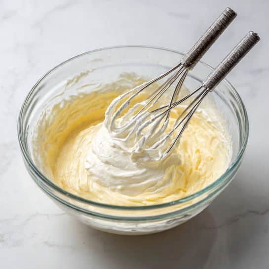 A clear glass bowl placed on a white marbled surface contains two main layers of ingredients: a creamy yellow mixture at the bottom and a thick white whipped cream-like layer on top. Two metal beaters from an electric mixer are partially dipped into the bowl, standing upright in the mixture, with some of the white cream clinging to them. The bowl's clear glass shows the smooth texture and distinct layers clearly. Photo taken with an iphone --ar 4:5 --v 7