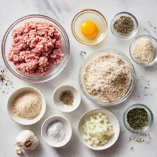 The image shows a top view of cooking ingredients arranged on a white marbled surface. There are two clear glass bowls, one with pink raw ground meat and the other with light beige breadcrumbs mixed with a white powdery ingredient. Surrounding these, there are small white bowls holding different ingredients: two garlic cloves, black pepper, dried green herbs, granulated beige seasoning, grated cheese, finely chopped white onions, and coarse white salt. There is also a small glass bowl containing a raw yellow egg yolk with clear egg white. The ingredients are spaced evenly, creating a clean and organized look. photo taken with an iphone --ar 4:5 --v 7