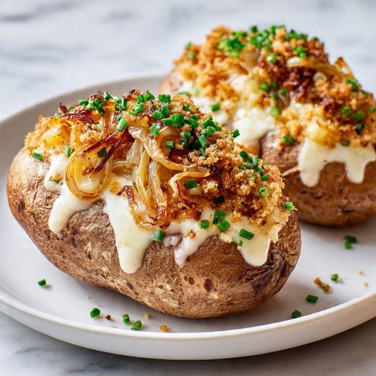 The image shows two baked potatoes on a white plate, placed on a white marbled surface. Each potato has a brown, textured skin with small holes and is topped with four visible layers: first, a creamy white sauce dripping slightly down the sides; second, caramelized golden-brown onions sitting in bunches on top; third, a golden-brown crunchy crumb topping spread over the onions; and lastly, a sprinkle of finely chopped fresh green chives scattered lightly over the entire top. The background is softly blurred, keeping the focus on the detailed potatoes. Photo taken with an iphone --ar 4:5 --v 7