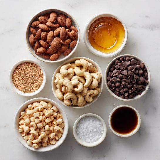 The image shows eight white bowls arranged neatly on a white marbled surface. From the top view, the largest bowl on the top left is filled with whole brown almonds, smooth and glossy. Next to it, a smaller bowl on the top right contains a thick, shiny golden syrup. Below the almonds on the left is a bowl full of light brown peanuts with a dry texture, and to the right of it, a large bowl holds whole cashews with a creamy off-white color and smooth surface. Below the peanuts is a bowl filled with small, rounded pale beige cereal pieces. To the right, a medium bowl is packed with dark chocolate chips, smooth and shiny. A smaller bowl near the bottom right contains coarse white salt, and beside it is a small bowl filled with dark brown liquid, glossy and smooth. The bowls are arranged in two vertical columns, showing a variety of textures and colors from nuts, syrup, chocolate, cereal, salt, and liquid. Photo taken with an iphone --ar 4:5 --v 7