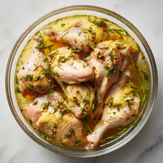 A clear glass bowl filled with raw chicken pieces soaking in a pale light brown liquid, with small green herb sprigs floating on top. The chicken pieces show a mix of drumsticks, thighs, and skin parts, all pale pink with some yellow tones on the skin. The bowl is placed on a white marbled surface with soft light highlighting the textures of the chicken and the herbs inside the liquid, creating a fresh and natural look photo taken with an iphone --ar 4:5 --v 7
