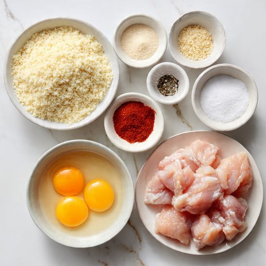 The image shows several white bowls arranged on a white marbled surface. On the bottom right, a white plate holds light pink raw chicken pieces layered in a small pile. To the left of the chicken, a white bowl is filled with pale yellow breadcrumbs with a crumbly texture. Above that, five smaller white bowls are placed in a rough circle: light beige powdered garlic, bright red paprika, white salt, black pepper, and a white liquid, likely milk. To the right, another white bowl holds two yellow raw eggs with visible yolks and whites. The scene is simple and clean, focused on the ingredients’ colors and textures. photo taken with an iphone --ar 4:5 --v 7
