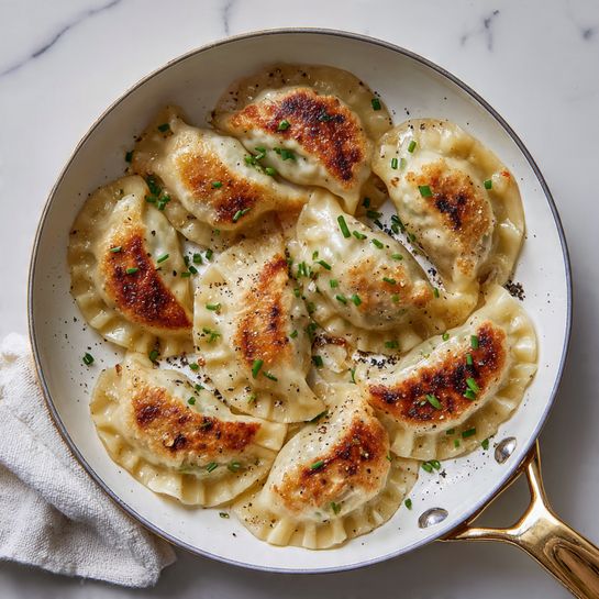 A white pan with a gold handle wrapped in a white cloth holds nine golden-brown, half-moon shaped dumplings arranged close together, each dumpling showing crimped edges with a slightly crispy texture and small browned spots on top. Small green chives are sprinkled on and around the dumplings, adding a touch of color, and there is a light scattering of black pepper on the dumplings and pan. The pan rests on a white marbled surface. photo taken with an iphone --ar 4:5 --v 7