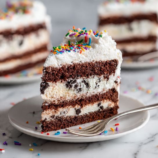 The image shows a multi-layered round dessert on a wooden board with a pink cloth underneath. The bottom layer is dark brown with a dense, moist texture, topped by a thin dark chocolate layer. Above this is a thick pink layer that looks creamy and smooth. The top layer is thick white cream with soft, wavy patterns and chocolate shavings scattered around the edges. A slice is removed, revealing the clean, even layers inside. Around the board, there are whole and sliced strawberries adding a fresh red touch. A slice of the dessert is also placed on a white plate on a white marbled surface. Photo taken with an iphone --ar 4:5 --v 7