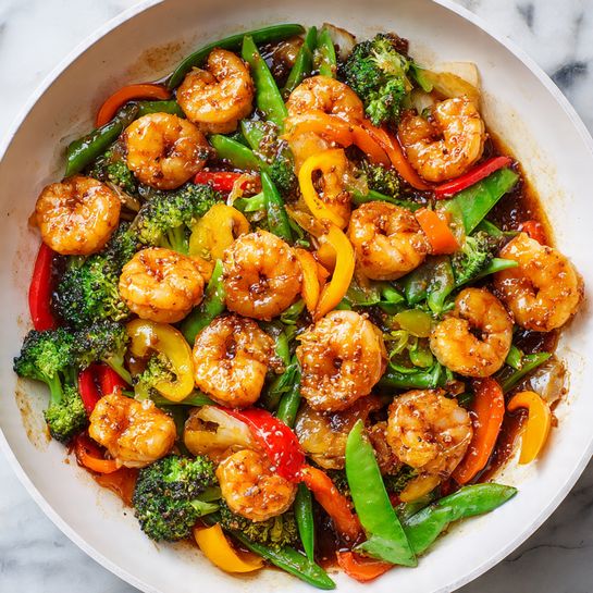 A white pan filled with cooked shrimp piled on top, the shrimp are light orange with a slightly shiny texture. Beneath the shrimp, there is a mix of bright green broccoli and snap peas, red and yellow bell peppers, and small pieces of carrots that add vibrant colors. The vegetables are cooked but still look fresh and slightly shiny from sauce coating. The whole pan sits on a white marbled surface. photo taken with an iphone --ar 4:5 --v 7