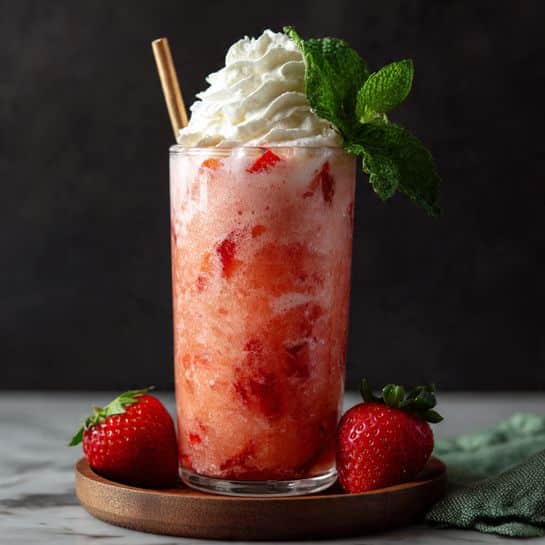 A tall clear glass filled with a pink creamy drink that has visible red strawberry pieces mixed inside, topped with a fluffy layer of white whipped cream forming soft swirls, garnished with fresh green mint leaves and a light brown straw inserted on the right side. The background is black, highlighting the colors and textures of the drink, photo taken with an iphone --ar 4:5 --v 7