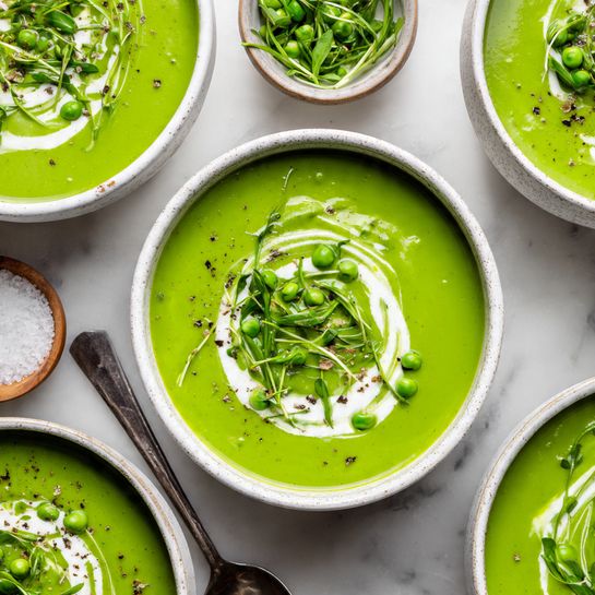 The image shows a bowl filled with bright green soup as the first layer, smooth in texture and filling the bowl evenly. On top of the soup, there is a white creamy swirl as the second layer, adding contrast and softness. Scattered over the cream are fresh green peas placed randomly, giving small round shapes as the third layer. The fourth layer consists of fresh green pea leaves and pea shoots that add a leafy texture and a darker green color. There are small black pepper specks sprinkled lightly over everything, providing tiny dark dots on the surface. The bowl is white with a rough texture on the outside, placed on a white marbled surface. Photo taken with an iphone --ar 4:5 --v 7