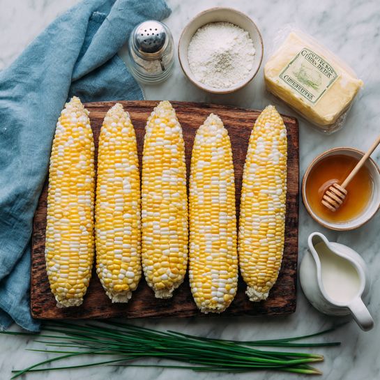 The image shows five fresh ears of corn with bright yellow and white kernels arranged in a row on a dark wooden cutting board placed on a white marbled surface. To the left is a soft blue cloth, and above the corn, there is a clear pepper grinder and a white and yellow package of Danish Creamery sea salted butter. On the right side, there are three small white bowls: one with white flour, one with golden honey and a wooden honey dipper resting inside, and one with a small white pitcher holding a liquid, possibly cream or milk. At the bottom, several green chives are laid out on the white marbled surface. photo taken with an iphone --ar 4:5 --v 7