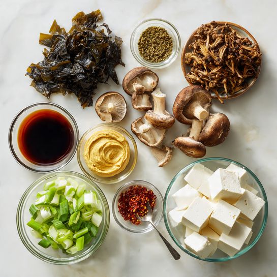 The image shows a top view of several ingredients on a white marbled surface. There is a cluster of dark, crinkled kombu leaves on the top left, next to a pile of dried shiitake mushrooms that have a rough brown texture and are slightly curled. To the right, a small glass bowl holds dark brown soy sauce with a smooth surface. Below these, a larger glass bowl is filled with white tofu cubes that have a soft and smooth texture. Next to it, fresh shiitake mushrooms with dark brown tops and white undersides are scattered, some whole and some sliced. Below the dried shiitake, a glass bowl contains thick, yellow miso paste with a metal spoon in it. Next to the miso, a small glass bowl contains bright red pepper flakes. A glass bowl filled with sliced, light green scallions is centrally placed, showing crisp, round slices with white and green parts. At the bottom left, a pile of chopped bok choy with dark green leaves and light green stems adds a fresh, leafy texture. The whole setup lies neatly against the white marbled surface, with clear, sharp lighting highlighting the colors and textures photo taken with an iphone --ar 4:5 --v 7