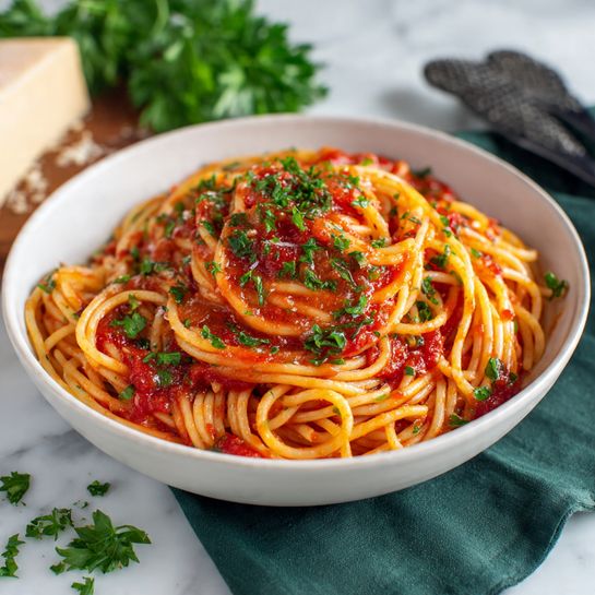 A close-up view of a white plate full of long, thick spaghetti noodles covered evenly with a bright red tomato sauce. The sauce has a slightly chunky texture with small pieces of tomato and onion visible. The pasta is sprinkled with small green chopped herbs, adding a fresh contrast to the red and orange tones of the spaghetti and sauce. The plate sits on a dark green cloth, all placed on a white marbled surface. photo taken with an iphone --ar 4:5 --v 7