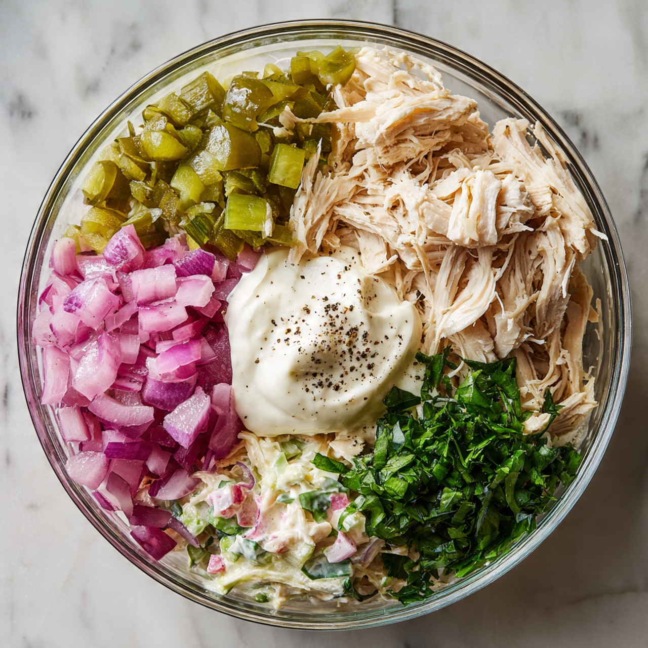 A clear glass bowl on a white marbled surface holds separate layers of ingredients arranged in sections: shredded light beige chicken in the largest section at the bottom, bright purple chopped red onions to the left, small green chopped pickles at the top left, a dollop of creamy white mayonnaise with black pepper on top center, and two types of fresh green herbs, one finely chopped and one leafy, on the right side. The second image shows the same bowl now filled with a mixed salad of shredded chicken, mayonnaise, chopped red onions, pickles, and green herbs, creating a creamy, textured mix with small colorful bits spread evenly. photo taken with an iphone --ar 4:5 --v 7