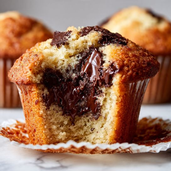 A close-up view of a metal muffin tray holding twelve golden brown muffins, each sitting in white paper liners. The muffins have a slightly cracked top layer with some dark chocolate chunks visible on the surface, giving a textured look. The baking tray shows some small stains and slight wear, with a light gray color and a matte finish. The background beneath the tray is a white marbled texture. Photo taken with an iphone --ar 4:5 --v 7