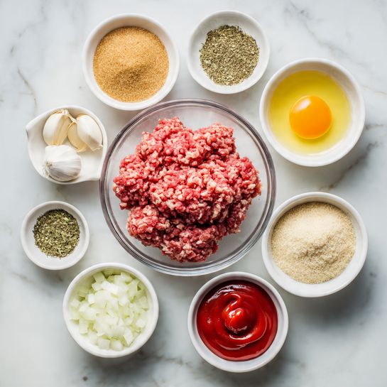 A clear glass bowl in the center holds raw ground meat with mixed red and brown colors. Surrounding it are small white bowls arranged in a rough circle on a white marbled surface. Starting from the top, there is a bowl with brown sugar, to its right a bowl with light yellow liquid, below it a bowl with a grainy pale beige texture, further down a bowl with chopped white onions, and next a bowl with bright red ketchup. To the left of the meat bowl are more bowls: one with two small white garlic cloves, one with an egg showing a bright yellow yolk in clear liquid, one with green dried herbs, and then three more small white bowls containing a light brown powder, coarse white salt, and black pepper mixed with salt. photo taken with an iphone --ar 4:5 --v 7