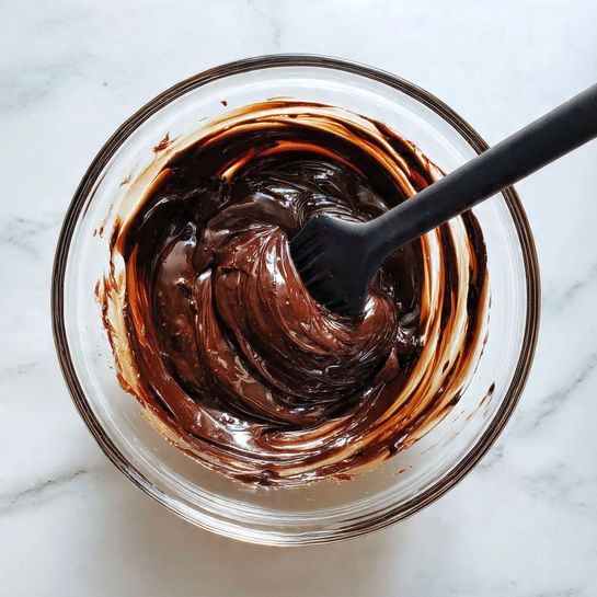 A clear glass bowl filled with smooth, shiny, dark brown chocolate being mixed with a black spatula. The chocolate has a thick texture with visible swirls from stirring, and some chocolate stains are on the sides of the bowl. The bowl is placed on a white marbled surface. Photo taken with an iphone --ar 4:5 --v 7