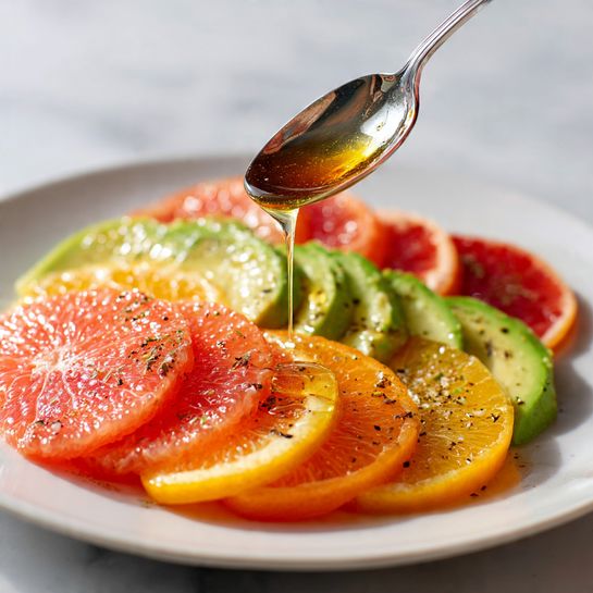 The image shows a close-up of a white plate with thinly sliced fruit layers arranged side by side. There are light green avocado slices in the middle, surrounded by round slices of orange and grapefruit in shades of bright orange and pink. On top of the avocado, a drizzle of golden honey is being poured from a shiny metal spoon, catching the light and adding a glossy texture. The fruit slices have a fresh, juicy look with some small black pepper specks sprinkled over them. The plate rests on a white marbled surface, giving a clean and simple background. photo taken with an iphone --ar 4:5 --v 7