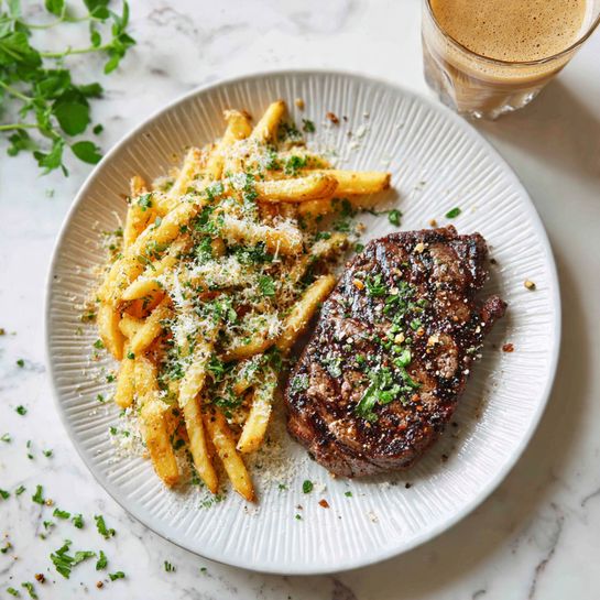 A white plate with a textured rim holds a cooked steak that is dark brown with pepper and herbs on top, placed slightly on the right side. On the left side of the steak, there are light golden-brown fries sprinkled with grated cheese and chopped green herbs. The plate is set on a white marbled surface with small green herb pieces scattered around. In the upper right background, there is a glass with a light brown foamy drink. photo taken with an iphone --ar 4:5 --v 7