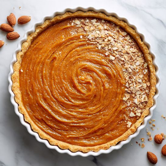 A tart with a golden-brown crumbly crust forms the base, shaped with scalloped edges all around in a white fluted tart pan. Inside the crust is a smooth, thick layer of deep amber filling, spread evenly with soft swirling patterns on the surface. On one side of the filling, there is a generous sprinkle of coarsely chopped almonds adding texture and light tan shades. The tart sits on a white marbled surface with a few whole almonds nearby. photo taken with an iphone --ar 4:5 --v 7