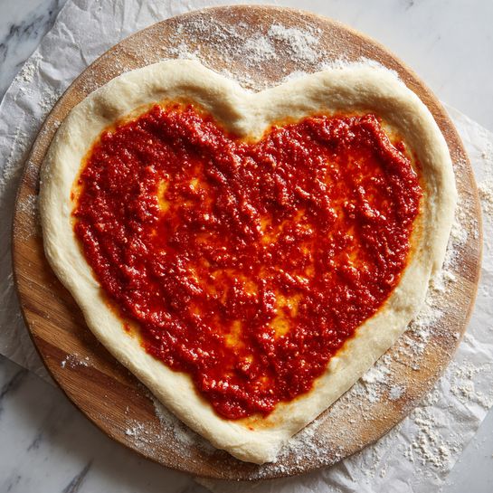 A heart-shaped pizza dough with a thick edge, spread evenly with a bright red tomato sauce that has a slightly chunky texture, covers the center of the dough, leaving a border of pale, soft dough visible around it. The dough rests on a wooden pizza peel sprinkled with flour. The background shows a crinkled white paper over a white marbled surface. Photo taken with an iphone --ar 4:5 --v 7