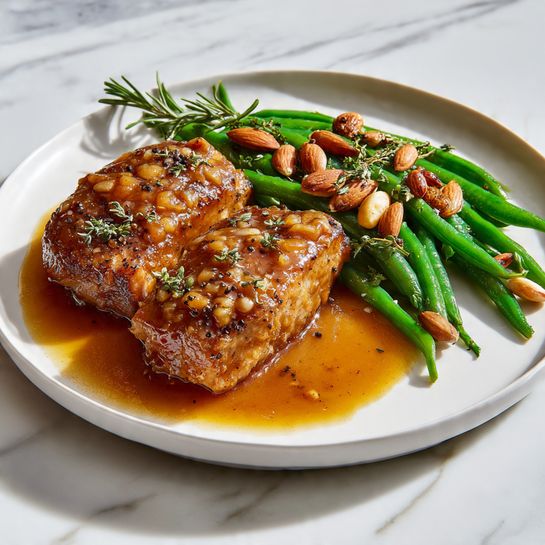 In a white frying pan with a golden handle, there are about twelve thick, golden-brown pieces of chicken arranged in a single layer, covered in a shiny, rich brown sauce that pools at the bottom and glistens. Scattered over the chicken are fresh green chopped parsley leaves, adding a bright contrast to the warm colors of the chicken and sauce. The frying pan rests on a white marbled surface with a light gray cloth wrapped around the handle. The edges of the pan show some caramelized sauce residue, enhancing the cooked look. photo taken with an iphone --ar 4:5 --v 7