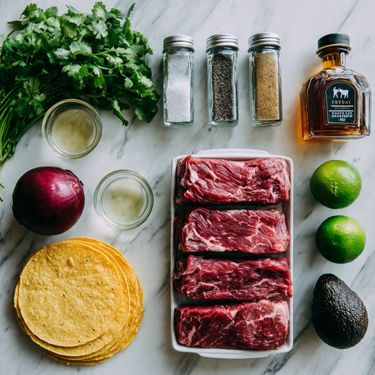 The image shows ingredients neatly arranged on a white marbled surface. On the left side, there is a stack of soft yellow corn tortillas, next to small glass bowls with light-colored liquids, a bunch of fresh green cilantro, and a bottle of dark amber honey shaped like a bear. Above, there are four clear spice jars labeled cumin, ancho chili pepper, salt, and black peppercorn, lined up horizontally. On the right side, there are two fresh green limes, a whole red onion, and a dark brown avocado. Below these, a white foam tray holds six raw beef steaks with visible marbling and a USDA beef label on one of the steaks. photo taken with an iphone --ar 4:5 --v 7