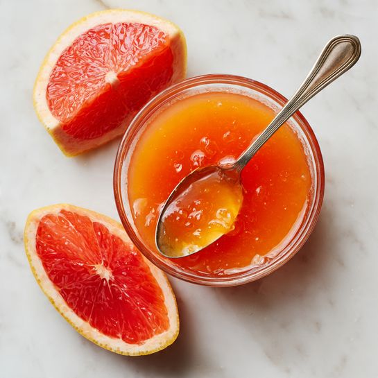A small clear glass bowl filled with bright orange liquid, likely juice or sauce, sits on a white marbled textured surface. A silver spoon rests inside the bowl, reflecting the orange color with droplets on its surface. To the left of the bowl are two pieces of fresh red grapefruit, one larger wedge placed near the top and one smaller piece near the bottom, both showing the fruit's vibrant red flesh and orange-yellow rind. The arrangement is simple and clean, with soft natural light highlighting the textures and colors. photo taken with an iphone --ar 4:5 --v 7