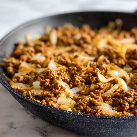 The image shows a close-up of a black pan filled with cooked ground meat mixed with pieces of soft, translucent cooked onions. The meat is light brown and crumbly in texture while the onions are white and slightly shiny, scattered evenly throughout the meat. The pan has a rough, slightly textured surface visible on the sides. The scene is lit with natural light, casting soft shadows and highlighting the texture of the cooked ingredients, all set against a white marbled surface. photo taken with an iphone --ar 4:5 --v 7