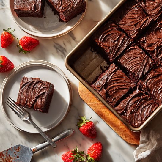 A square pan filled with a rich chocolate cake that is cut into small square pieces, with one piece missing from the bottom left corner showing a thick, dark brown, moist texture inside; the top layer is smooth and shiny chocolate frosting with visible swirls, evenly spread over the whole surface. Next to the pan is a white stack of plates holding a single piece of the same chocolate cake, with delicate ridges on the frosting, and a silver fork resting on the plates. Bright red strawberries are scattered around the pan on a white marbled surface, adding vibrant color contrast, along with a wooden board partially under the pan and a metal spatula with chocolate residue. The scene is softly lit, creating a warm and inviting feeling. photo taken with an iphone --ar 4:5 --v 7