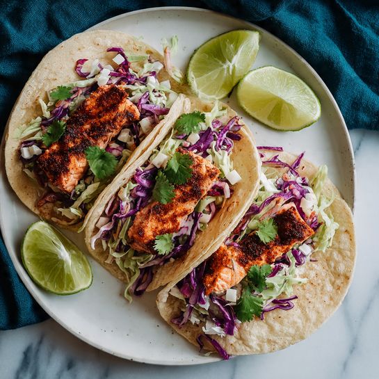 Three soft corn tortillas lie flat on a white plate with a white marbled texture underneath. Each tortilla holds a layer of thinly sliced green and purple cabbage slaw mixed with small white pieces of cheese. On top of the slaw are chunks of cooked salmon with a crispy, slightly dark brown crust and tender pink inside. Small cilantro leaves are scattered on the slaw and salmon for a fresh green color. Two lime wedges sit on the plate beside the tacos, adding bright green and pale yellow colors. A dark teal cloth is partially visible in the background. Photo taken with an iphone --ar 4:5 --v 7